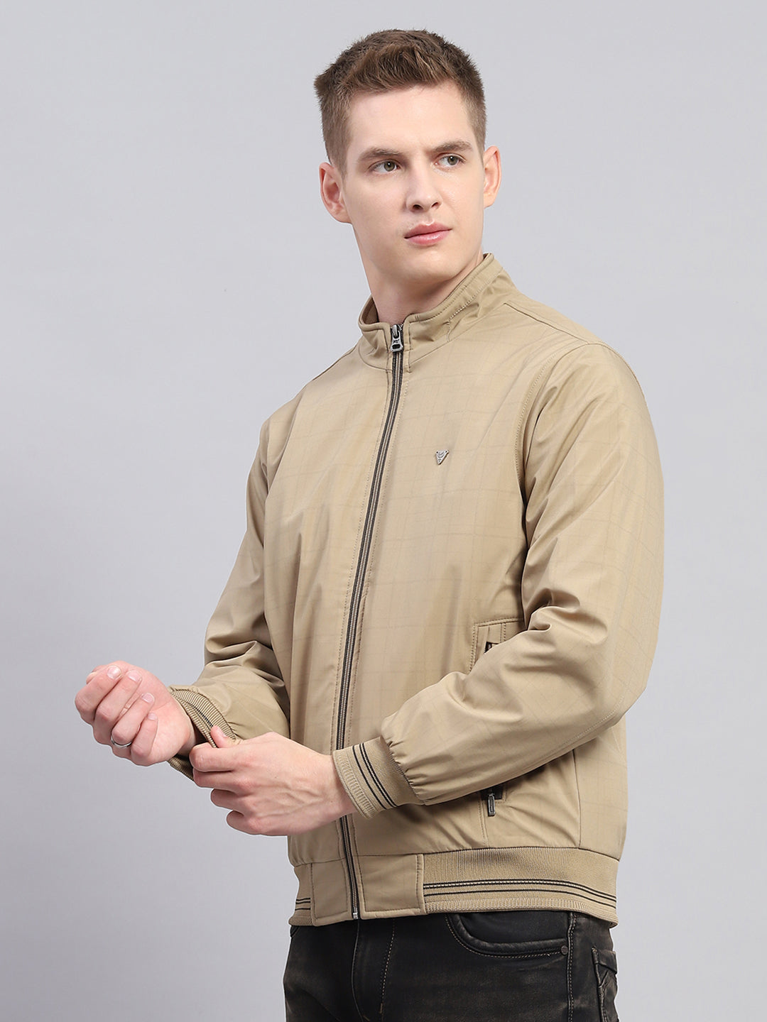 Men Khaki Solid Mock Neck Full Sleeve Jacket