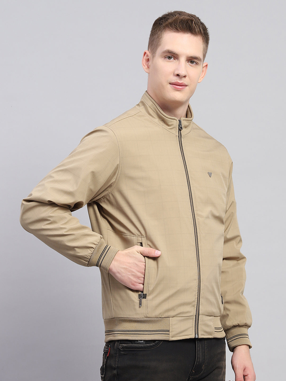 Men Khaki Solid Mock Neck Full Sleeve Jacket