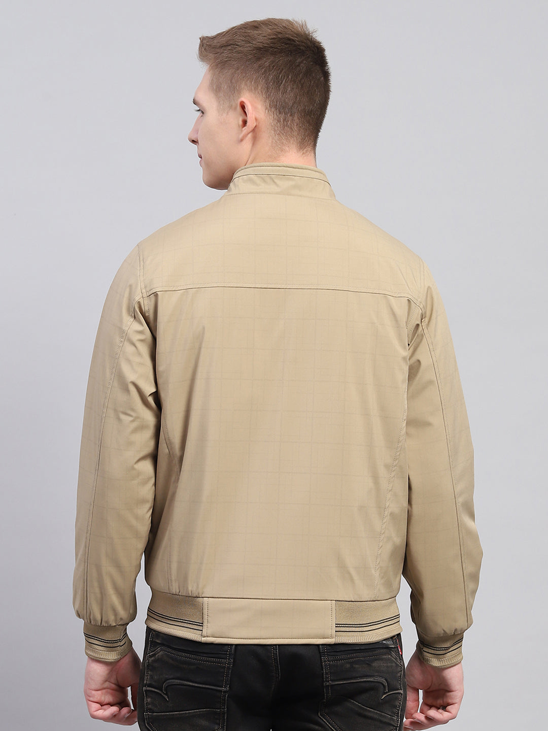 Men Khaki Solid Mock Neck Full Sleeve Jacket