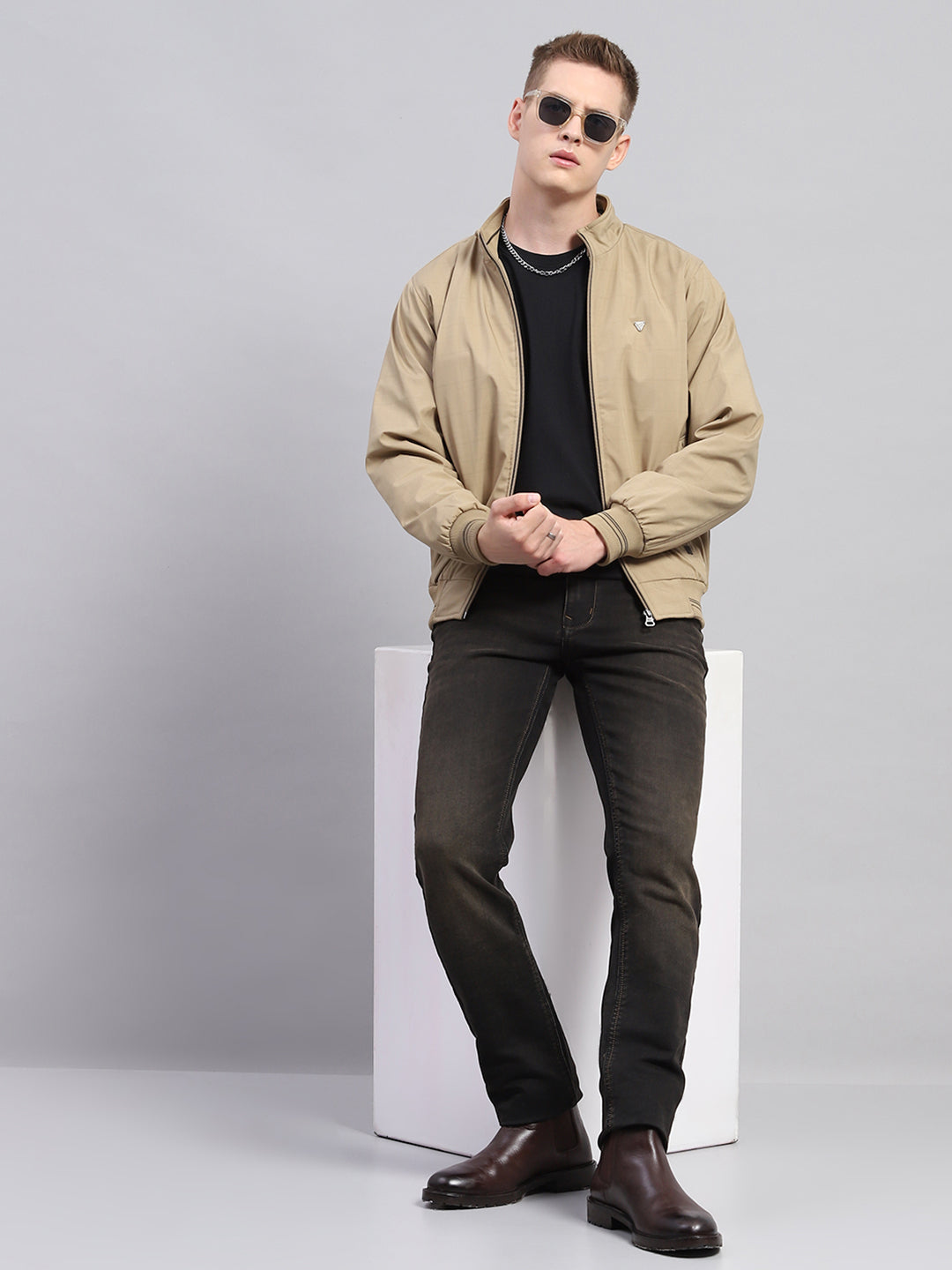 Men Khaki Solid Mock Neck Full Sleeve Jacket