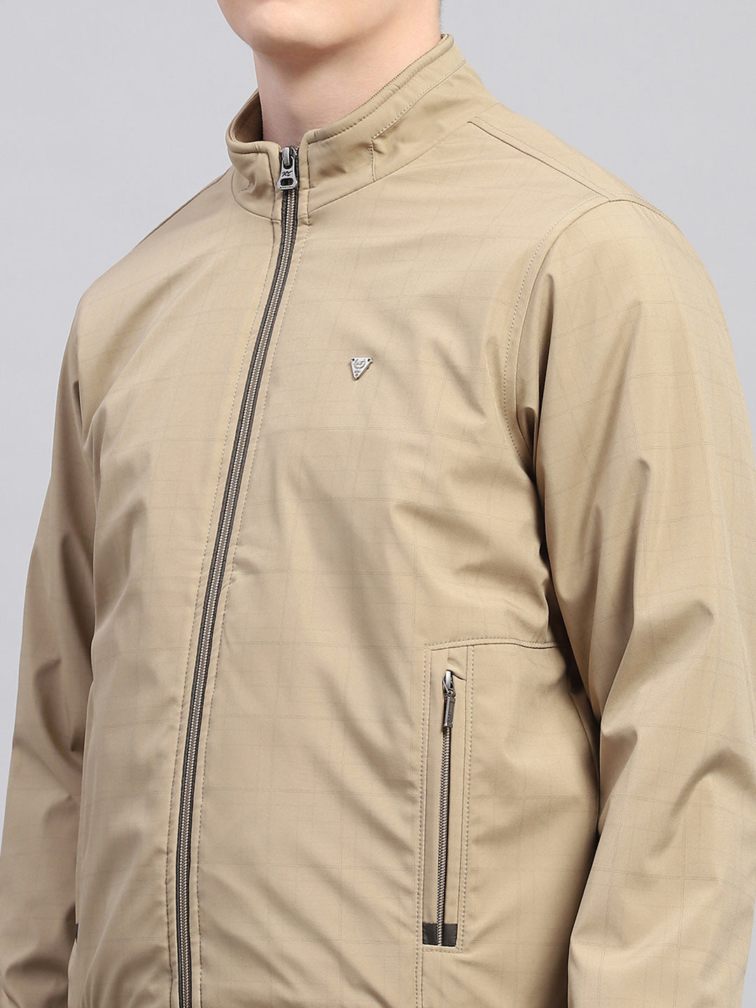 Men Khaki Solid Mock Neck Full Sleeve Jacket