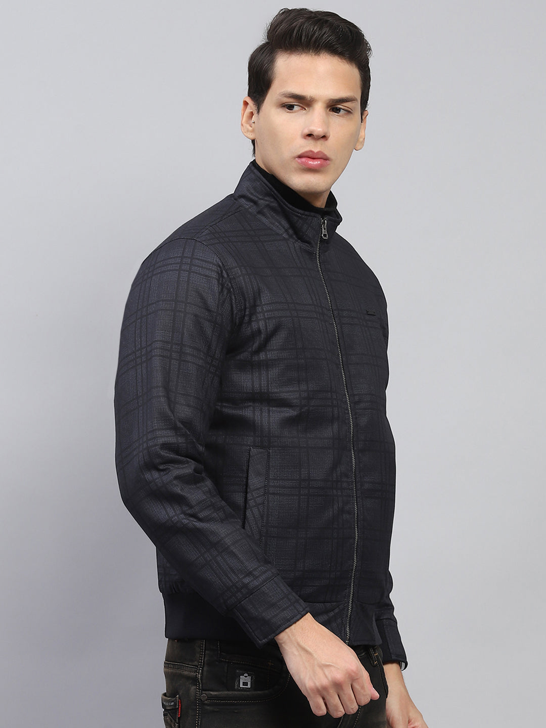 Men Grey Self Design Mock Neck Full Sleeve Jacket