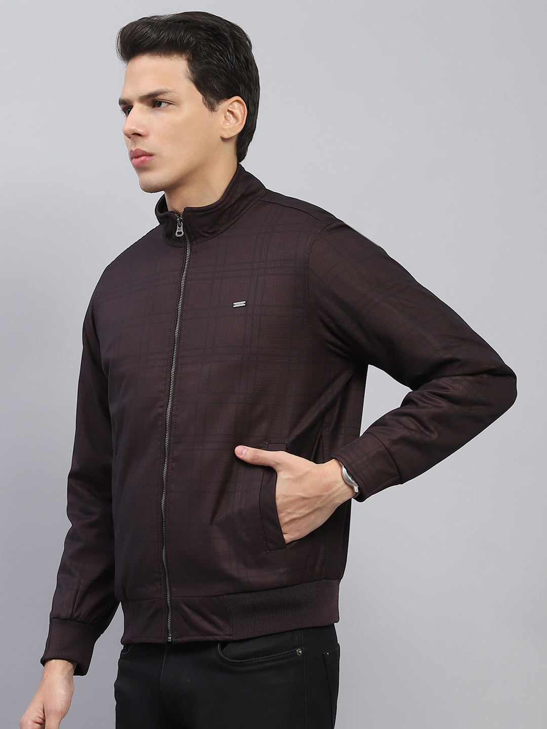 Men Maroon Self Design Mock Neck Full Sleeve Jacket