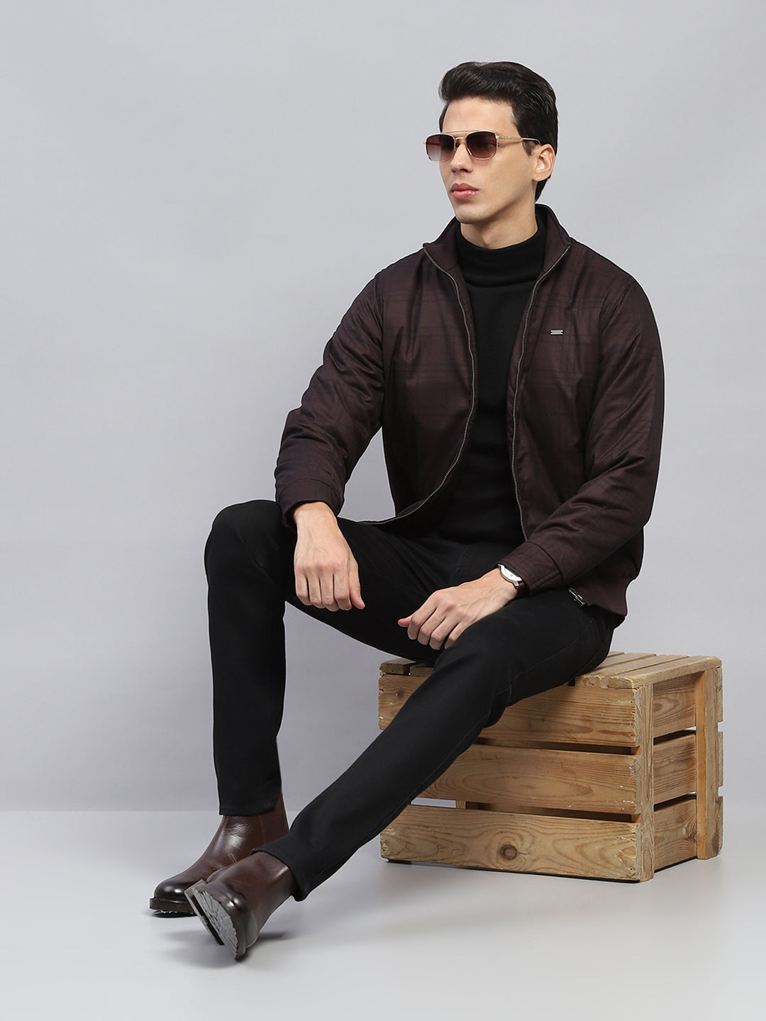 Men Maroon Self Design Mock Neck Full Sleeve Jacket