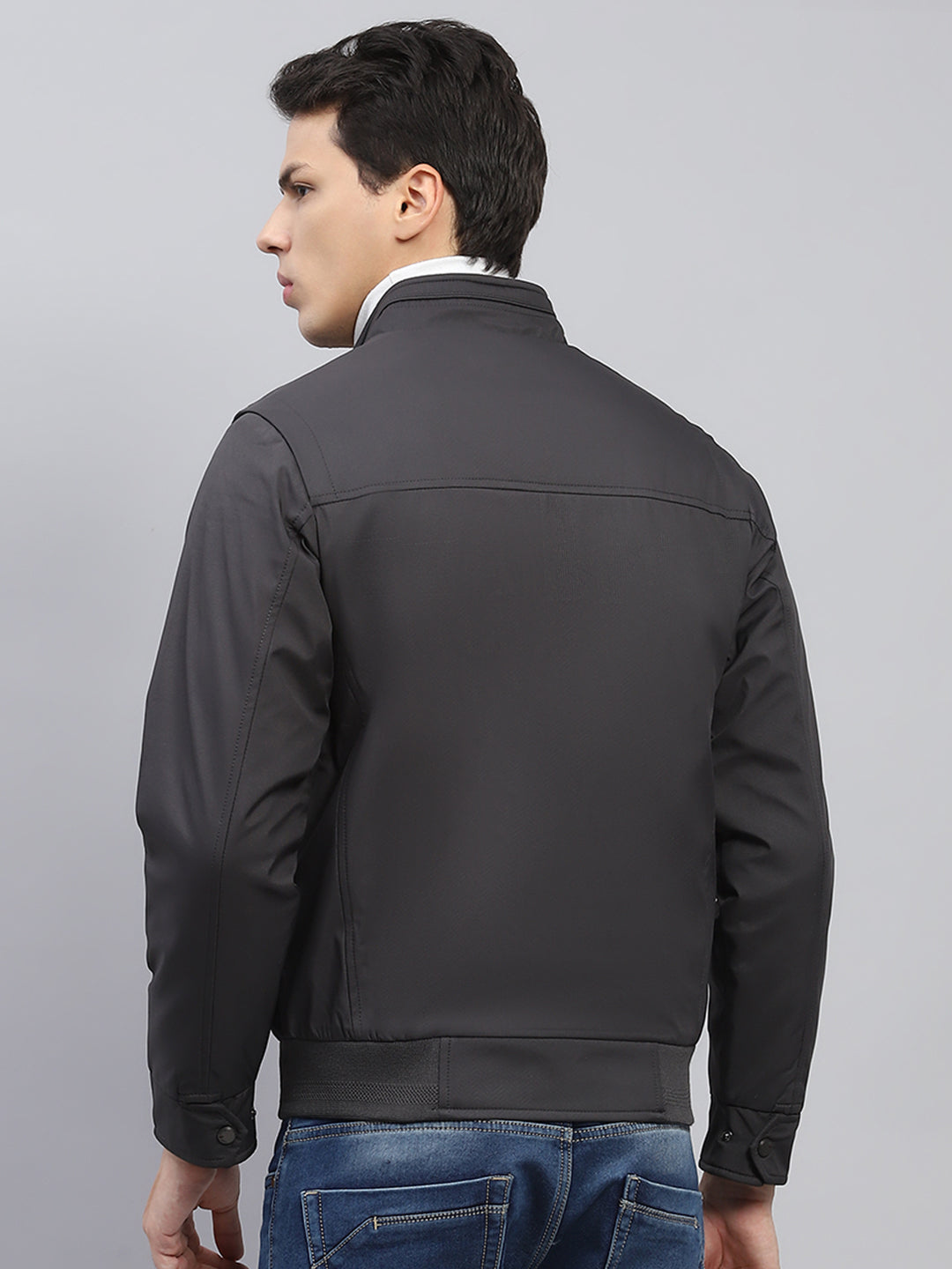 Men Black Solid Mock Neck Full Sleeve Jacket