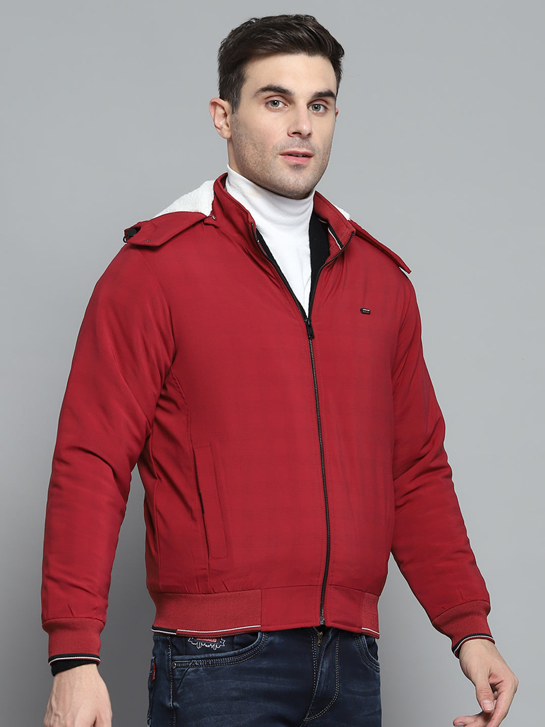 Men Red Solid Detachable Hood Full Sleeve Jacket