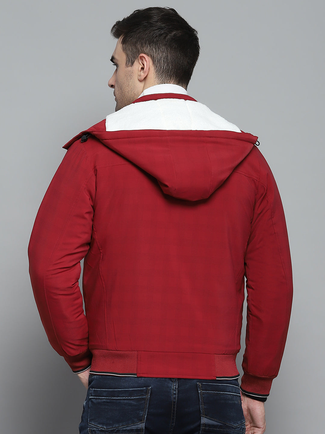 Men Red Solid Detachable Hood Full Sleeve Jacket