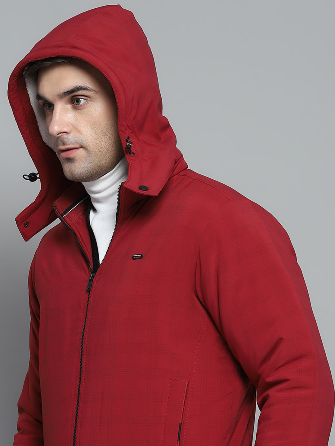 Men Red Solid Detachable Hood Full Sleeve Jacket