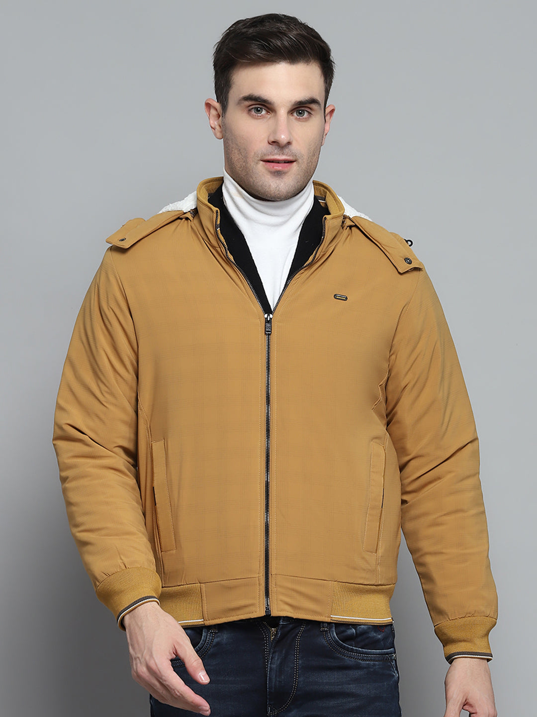 Men Mustard Solid Detachable Hood Full Sleeve Jacket