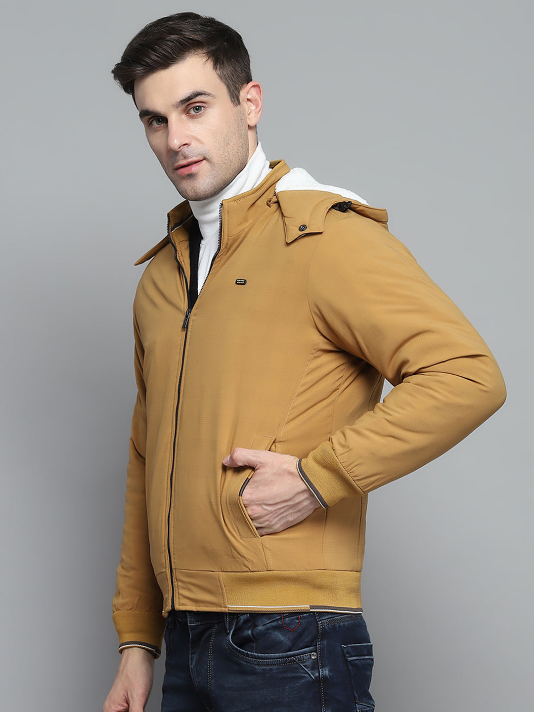 Men Mustard Solid Detachable Hood Full Sleeve Jacket