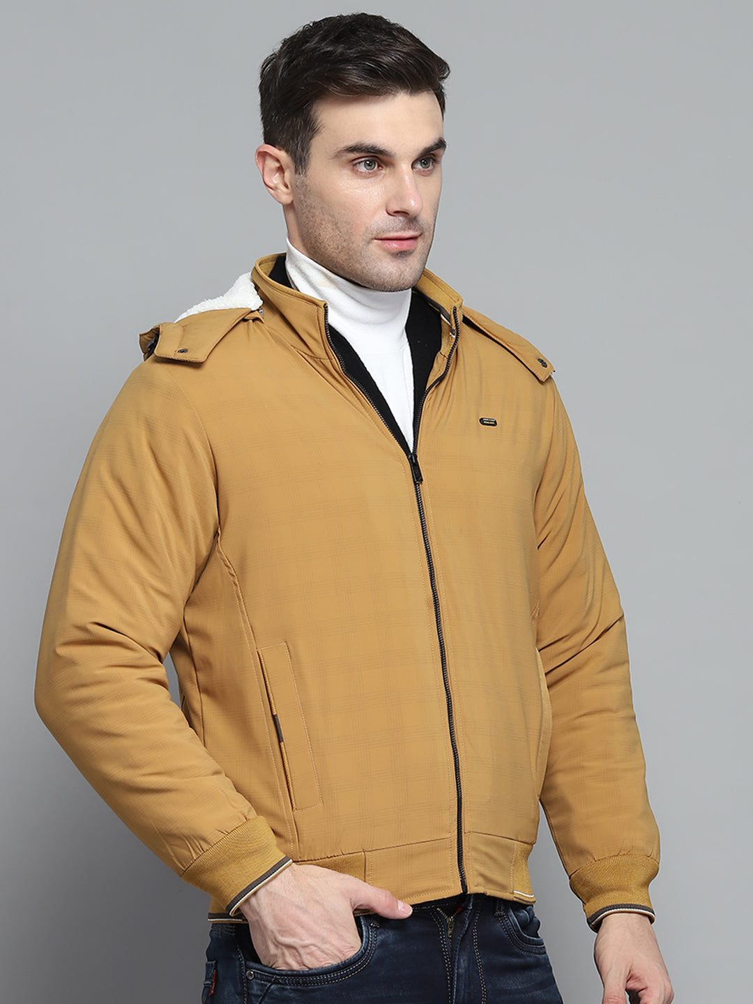 Men Mustard Solid Detachable Hood Full Sleeve Jacket