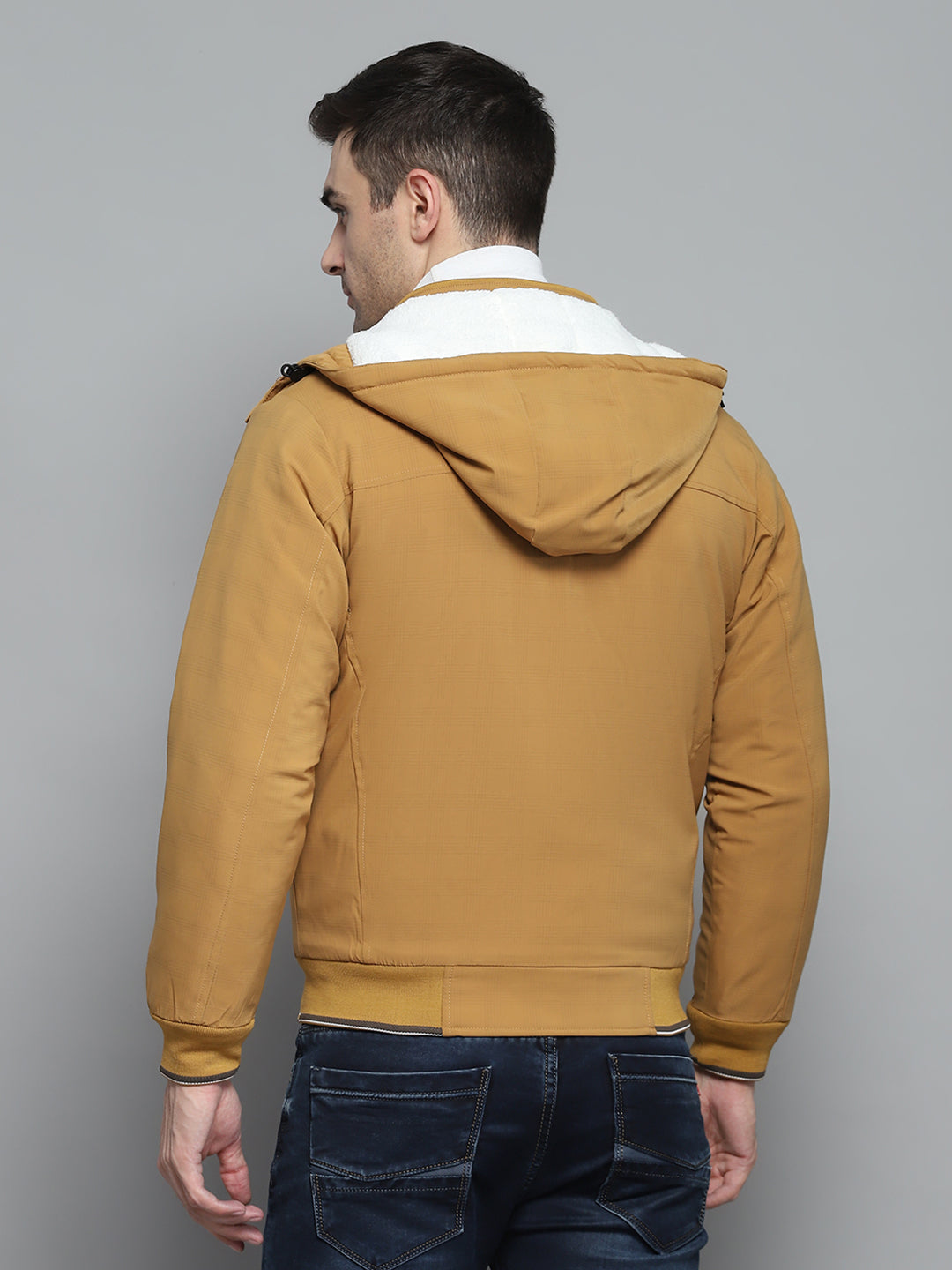 Men Mustard Solid Detachable Hood Full Sleeve Jacket