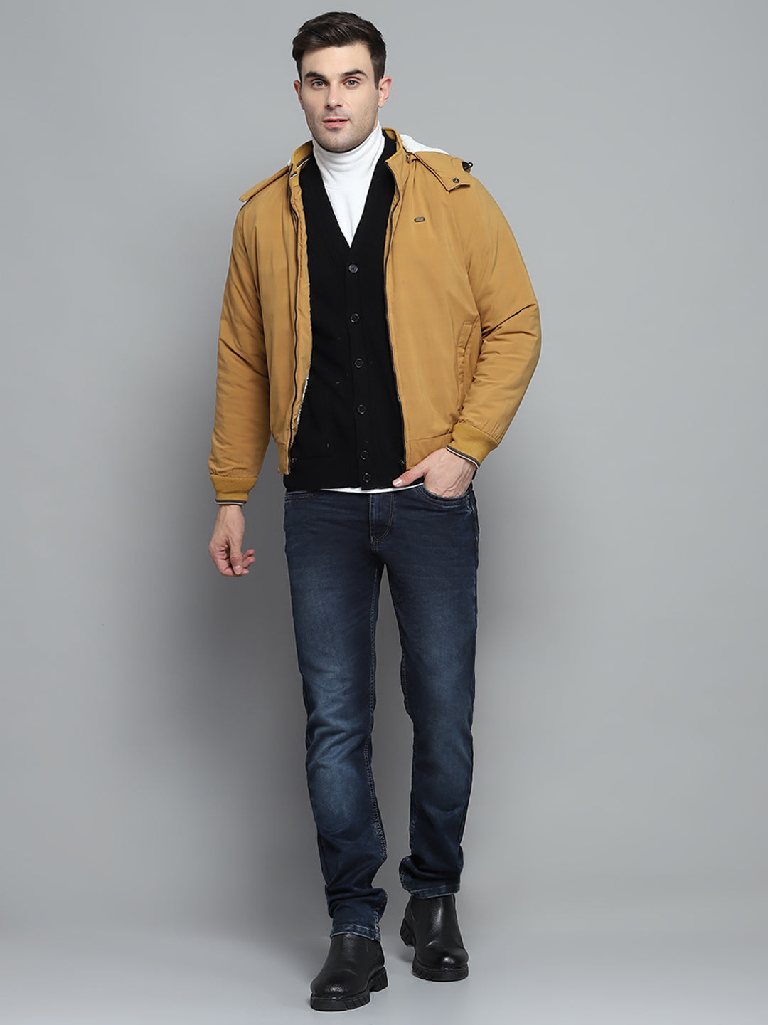 Men Mustard Solid Detachable Hood Full Sleeve Jacket