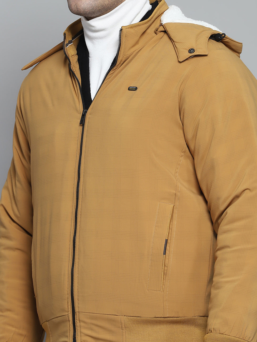 Men Mustard Solid Detachable Hood Full Sleeve Jacket