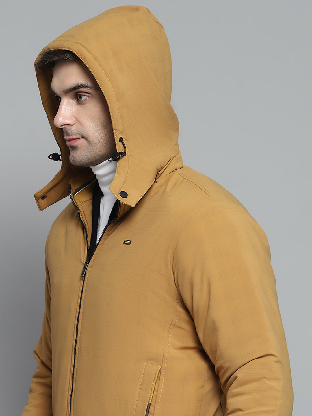 Men Mustard Solid Detachable Hood Full Sleeve Jacket