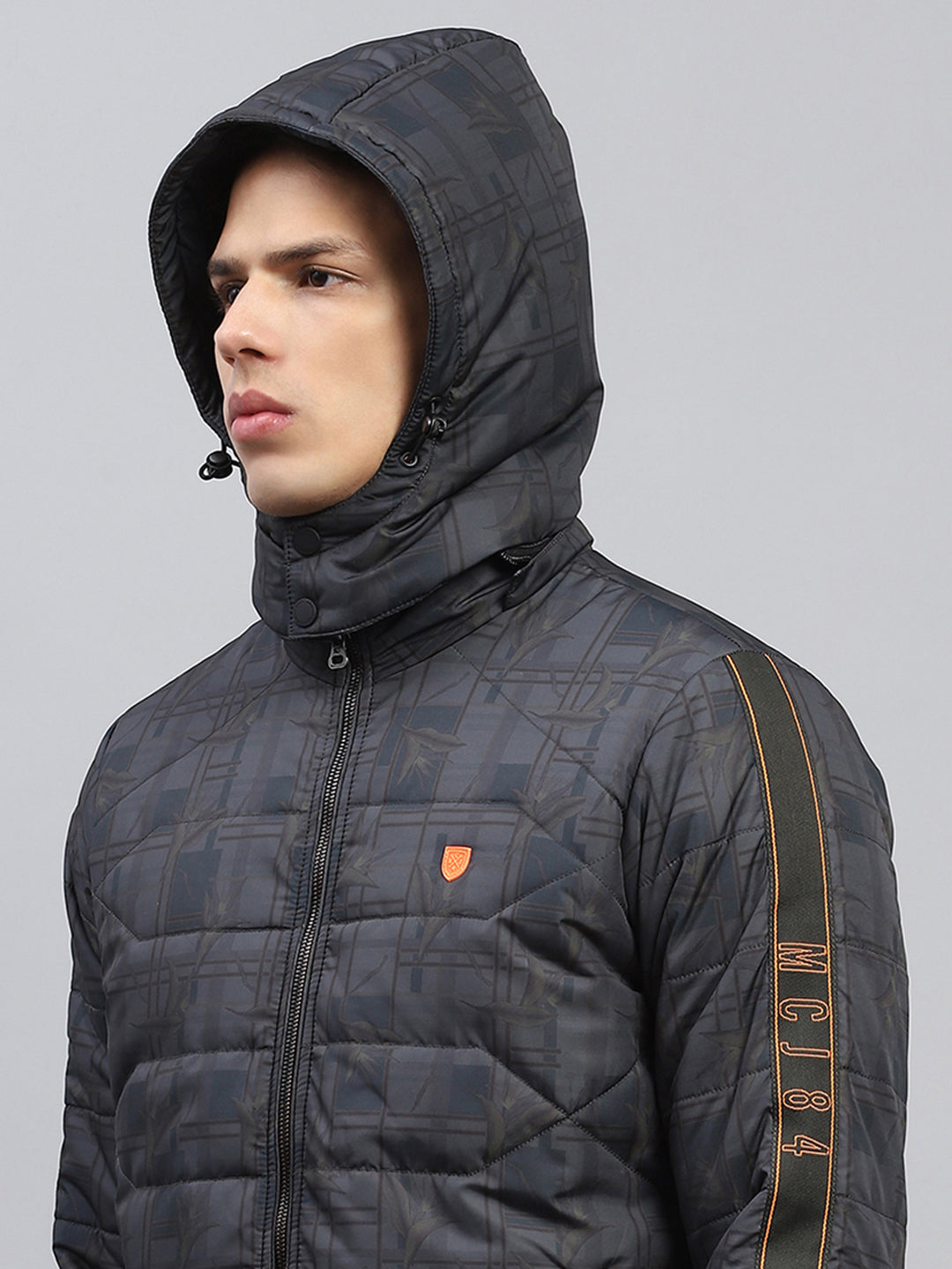 Men Grey Printed Detachable Hood Full Sleeve Jacket