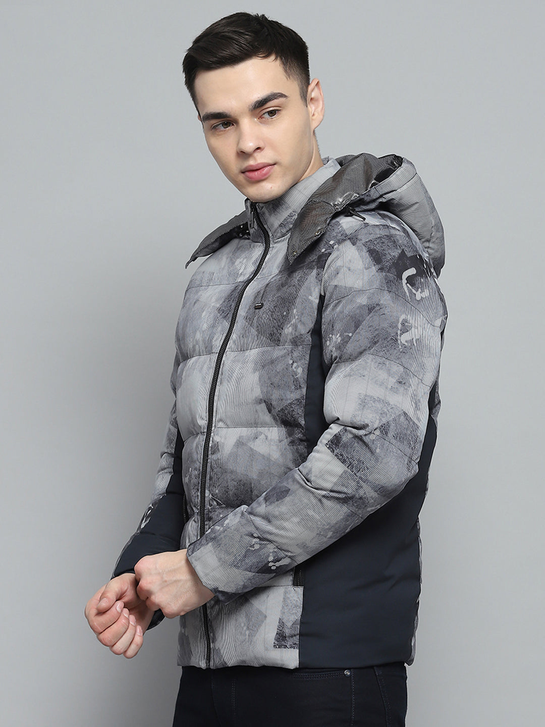 Men Navy Blue Printed Detachable Hood Full Sleeve Jacket