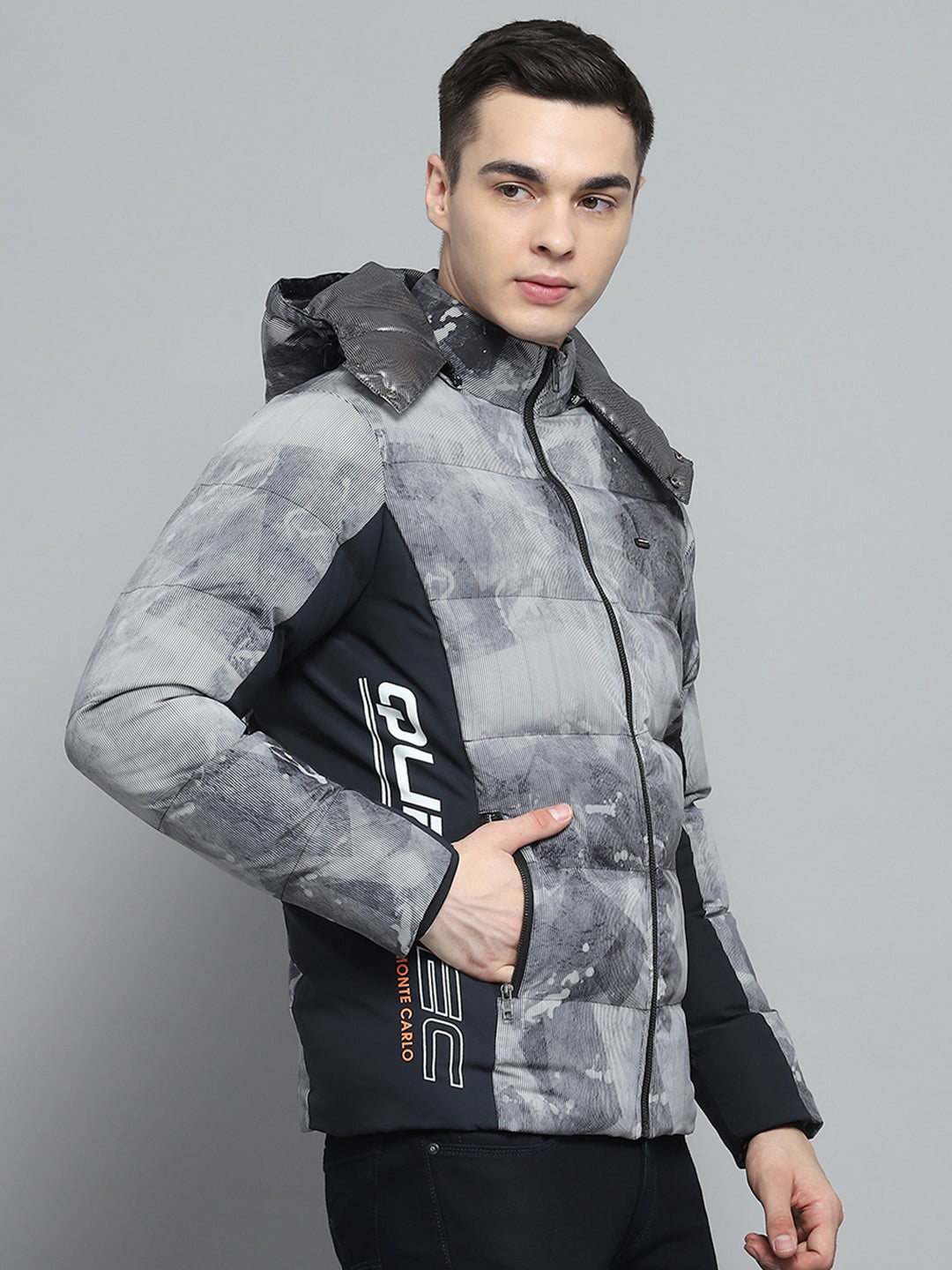 Men Navy Blue Printed Detachable Hood Full Sleeve Jacket