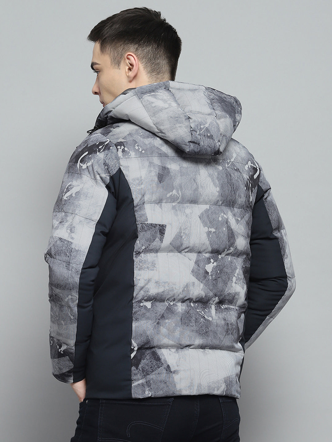 Men Navy Blue Printed Detachable Hood Full Sleeve Jacket