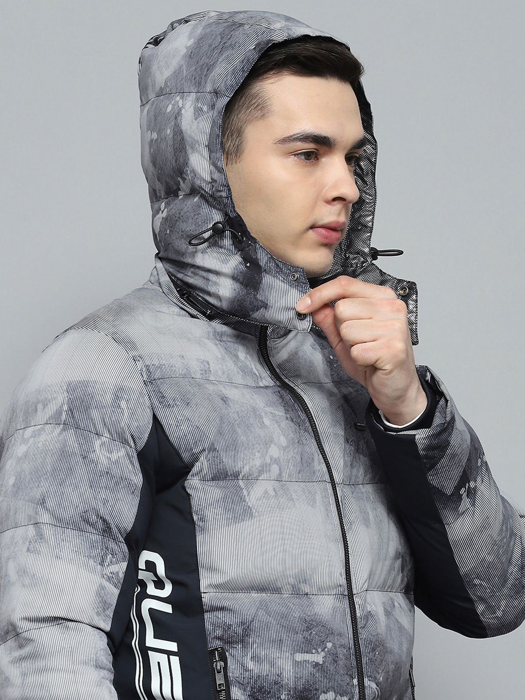 Men Navy Blue Printed Detachable Hood Full Sleeve Jacket