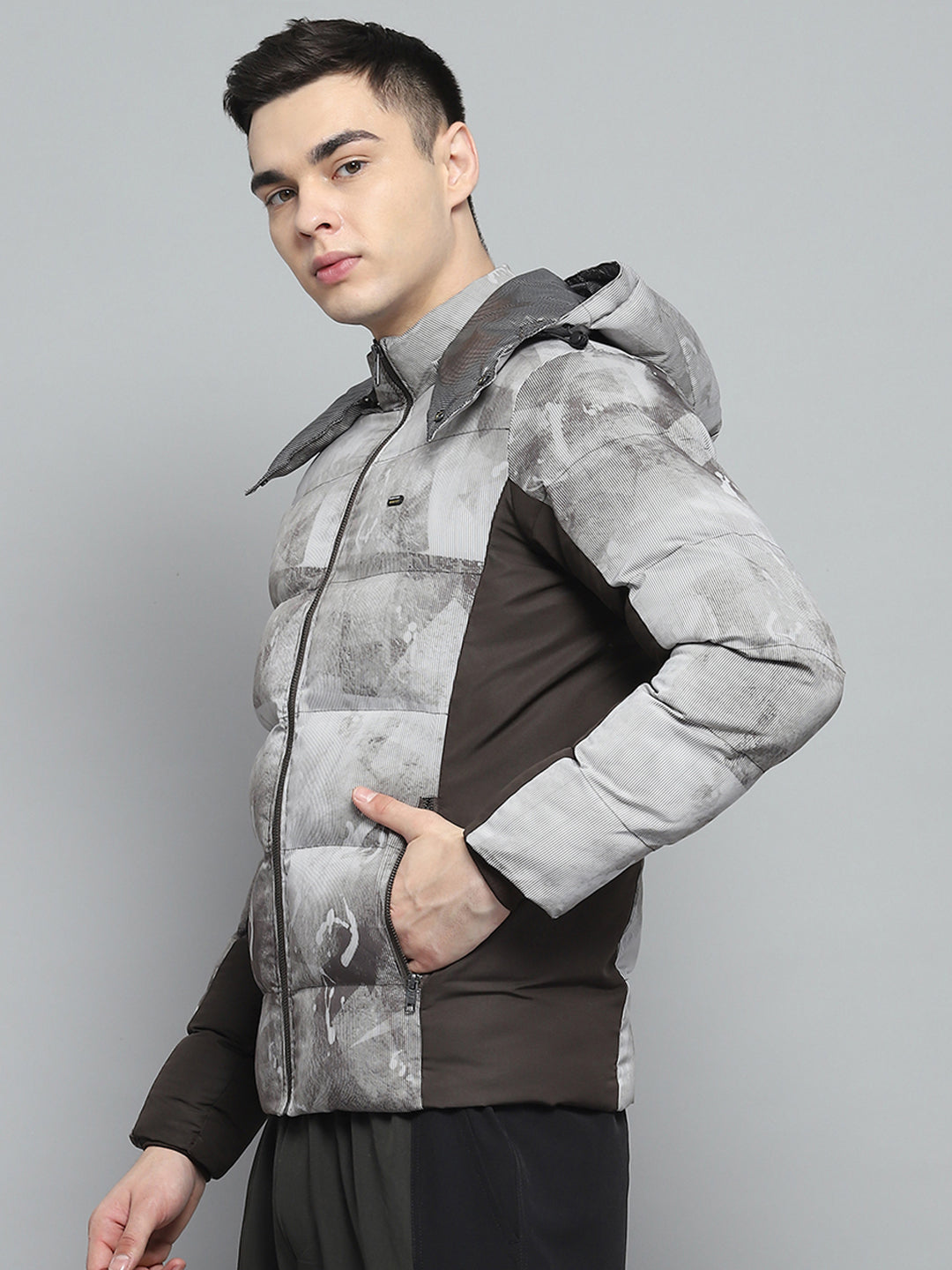 Men Brown Printed Detachable Hood Full Sleeve Jacket