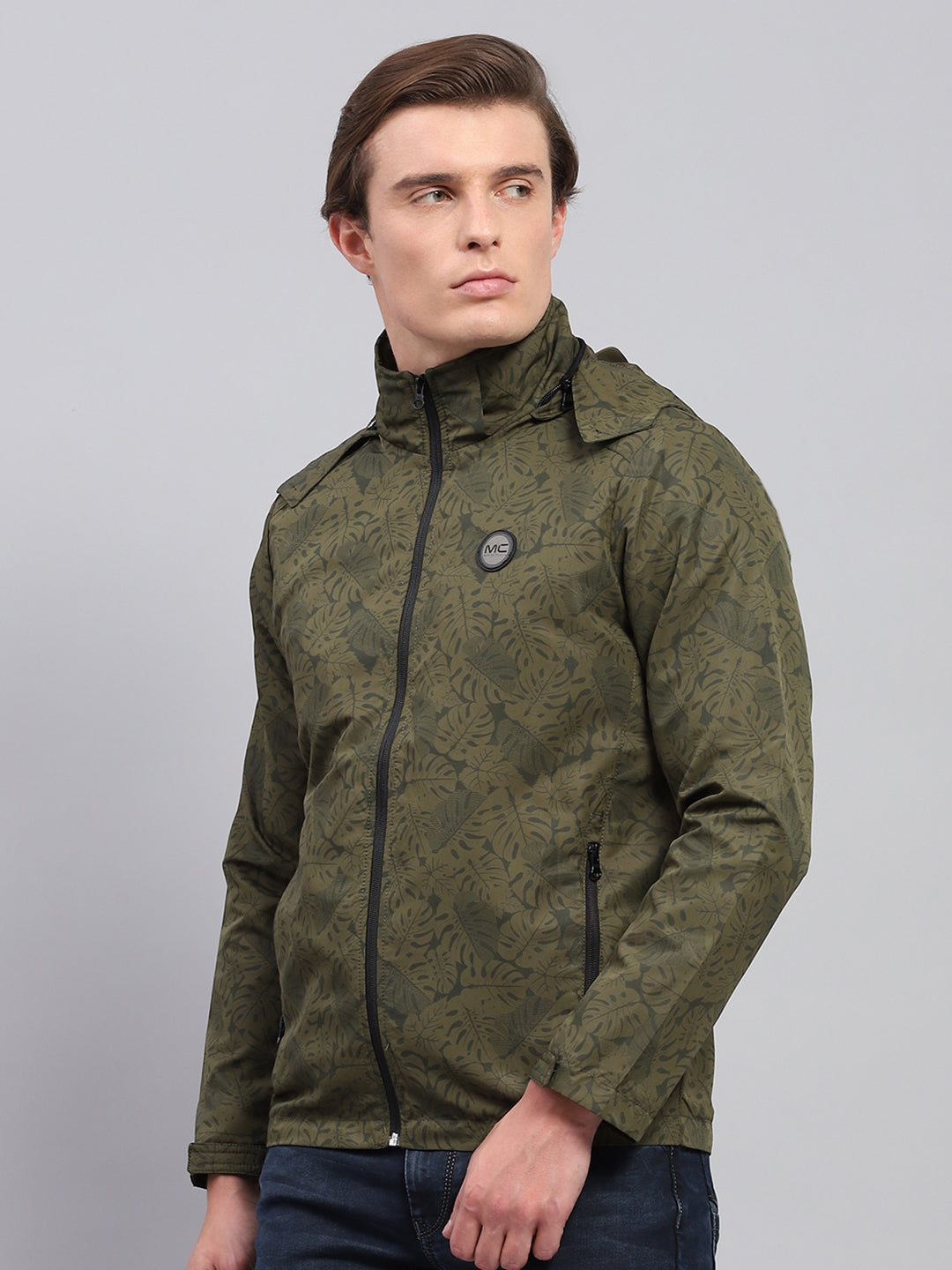 Men Green Printed Detachable Hood Full Sleeve Jacket