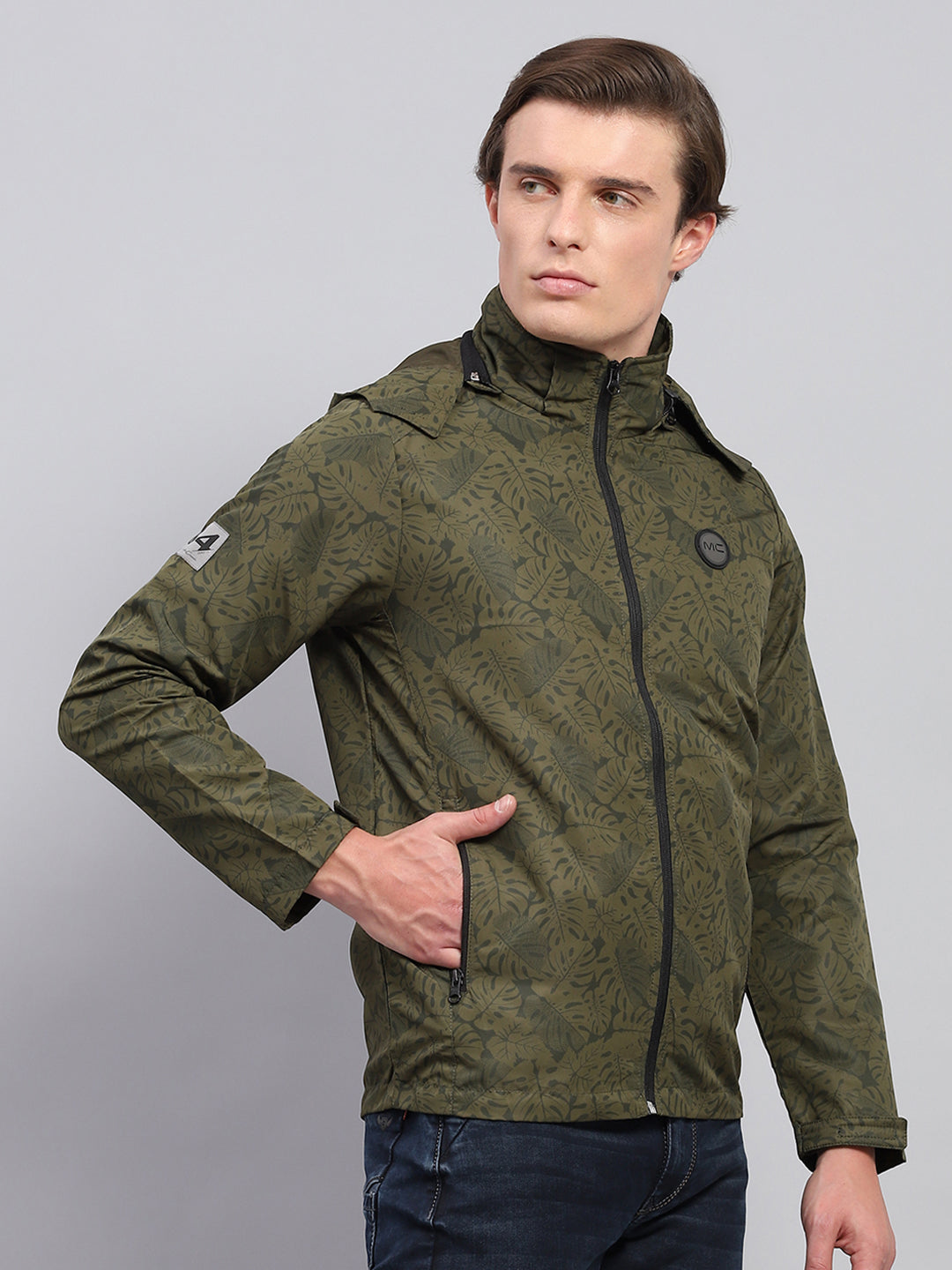 Men Green Printed Detachable Hood Full Sleeve Jacket