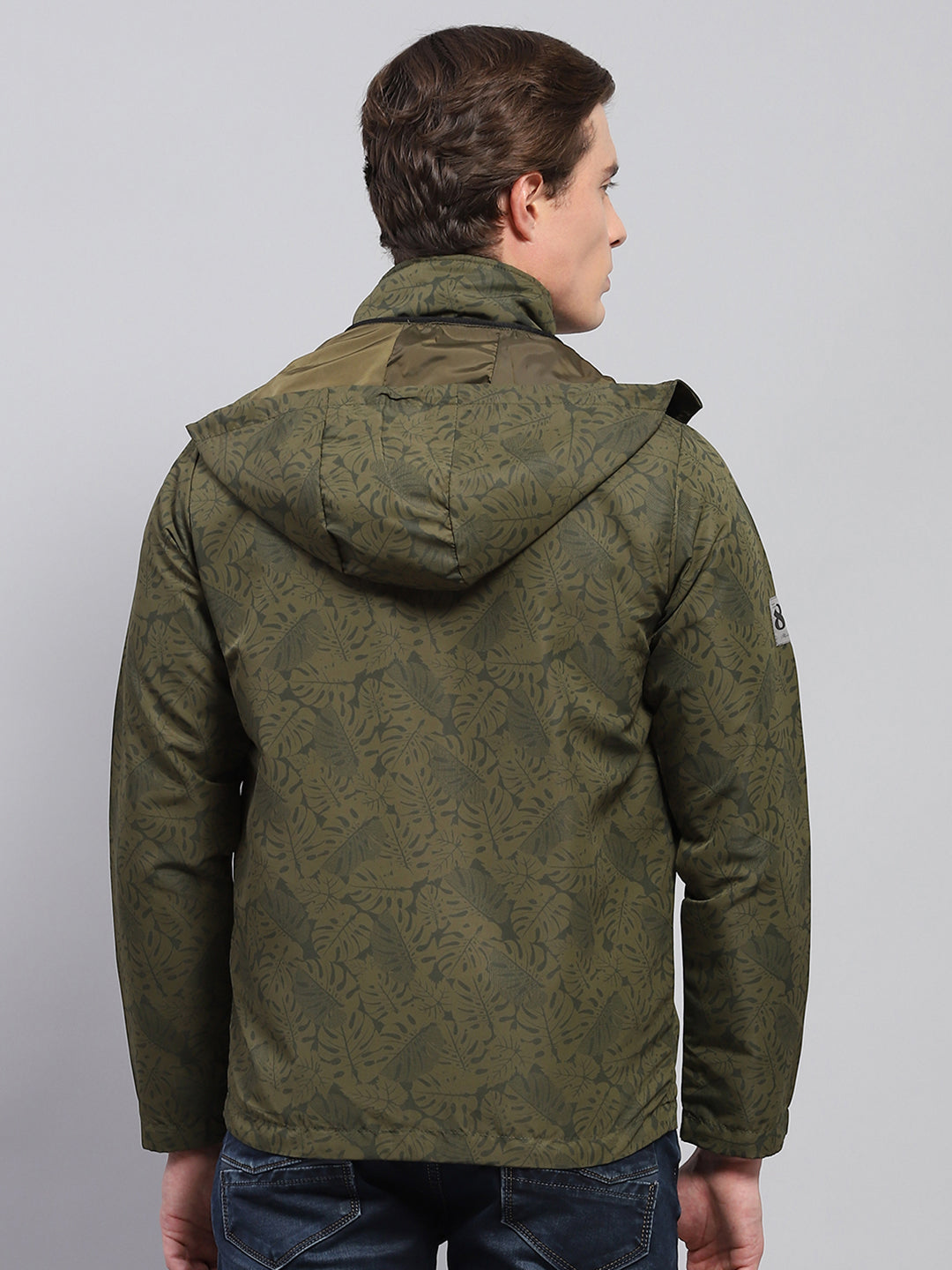 Men Green Printed Detachable Hood Full Sleeve Jacket