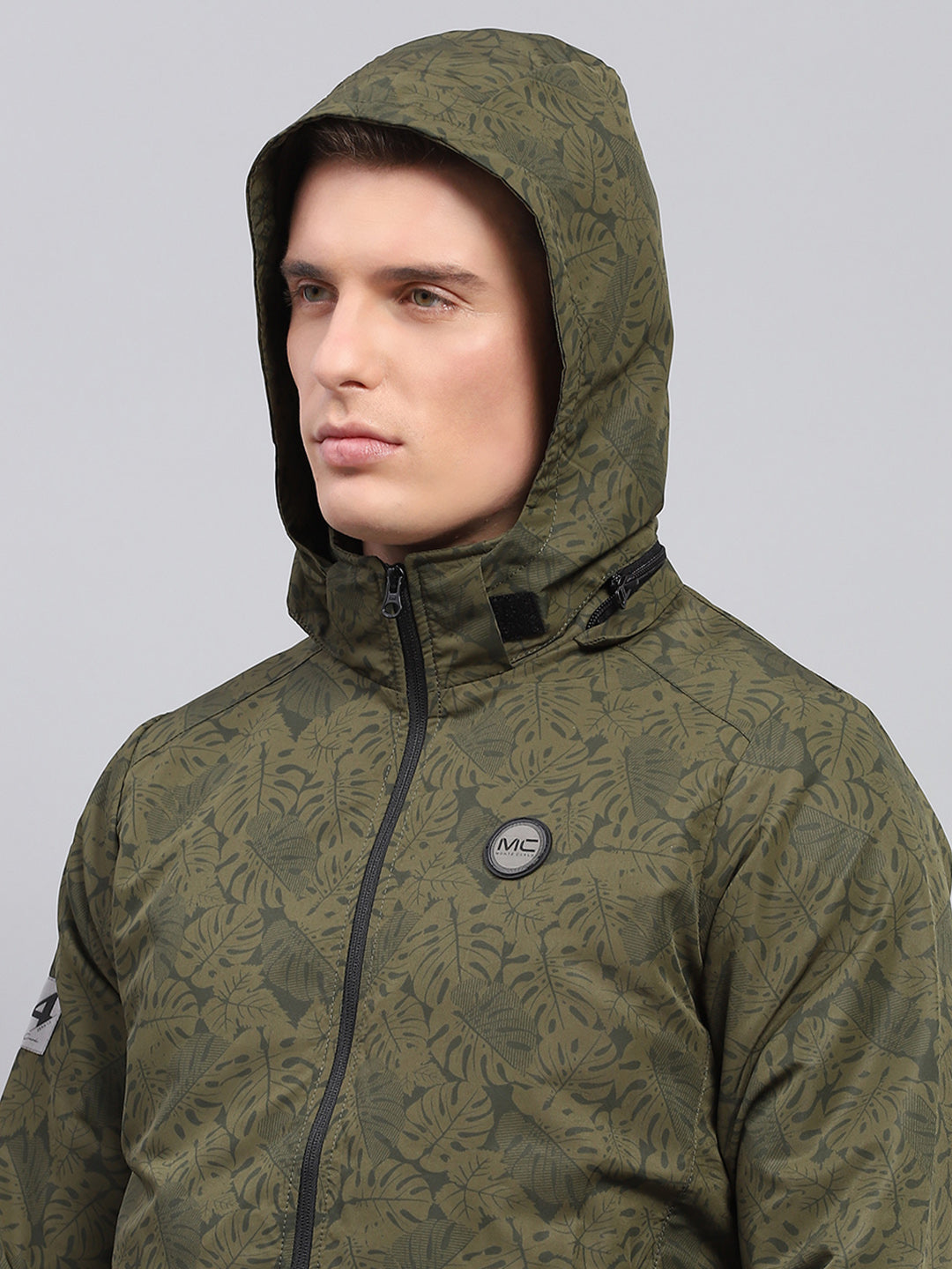 Men Green Printed Detachable Hood Full Sleeve Jacket