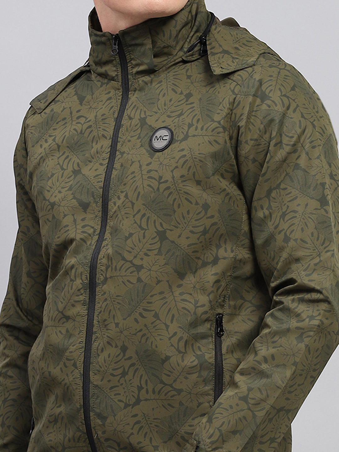 Men Green Printed Detachable Hood Full Sleeve Jacket