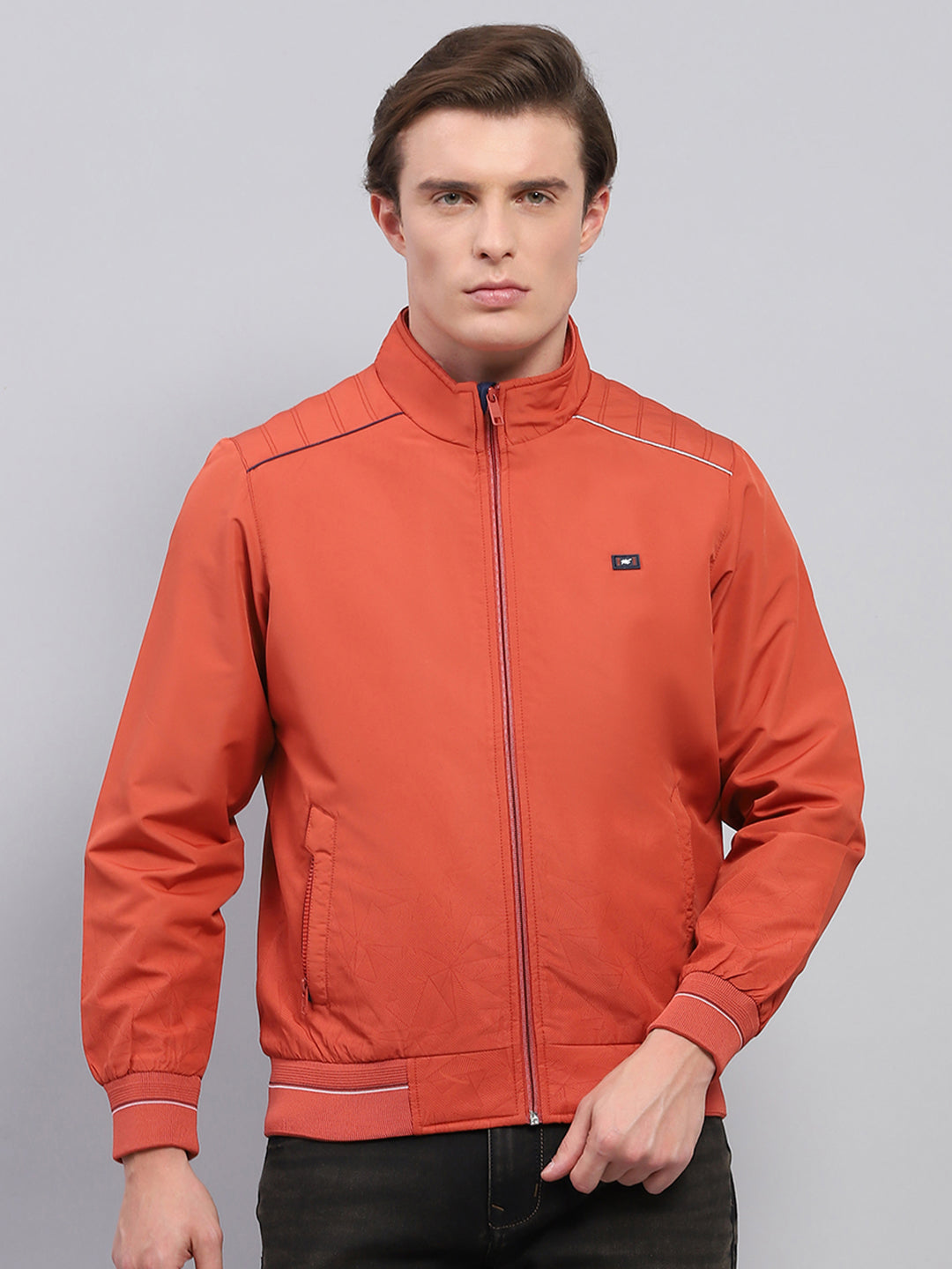 Men Rust Solid Mock Neck Full Sleeve Jacket