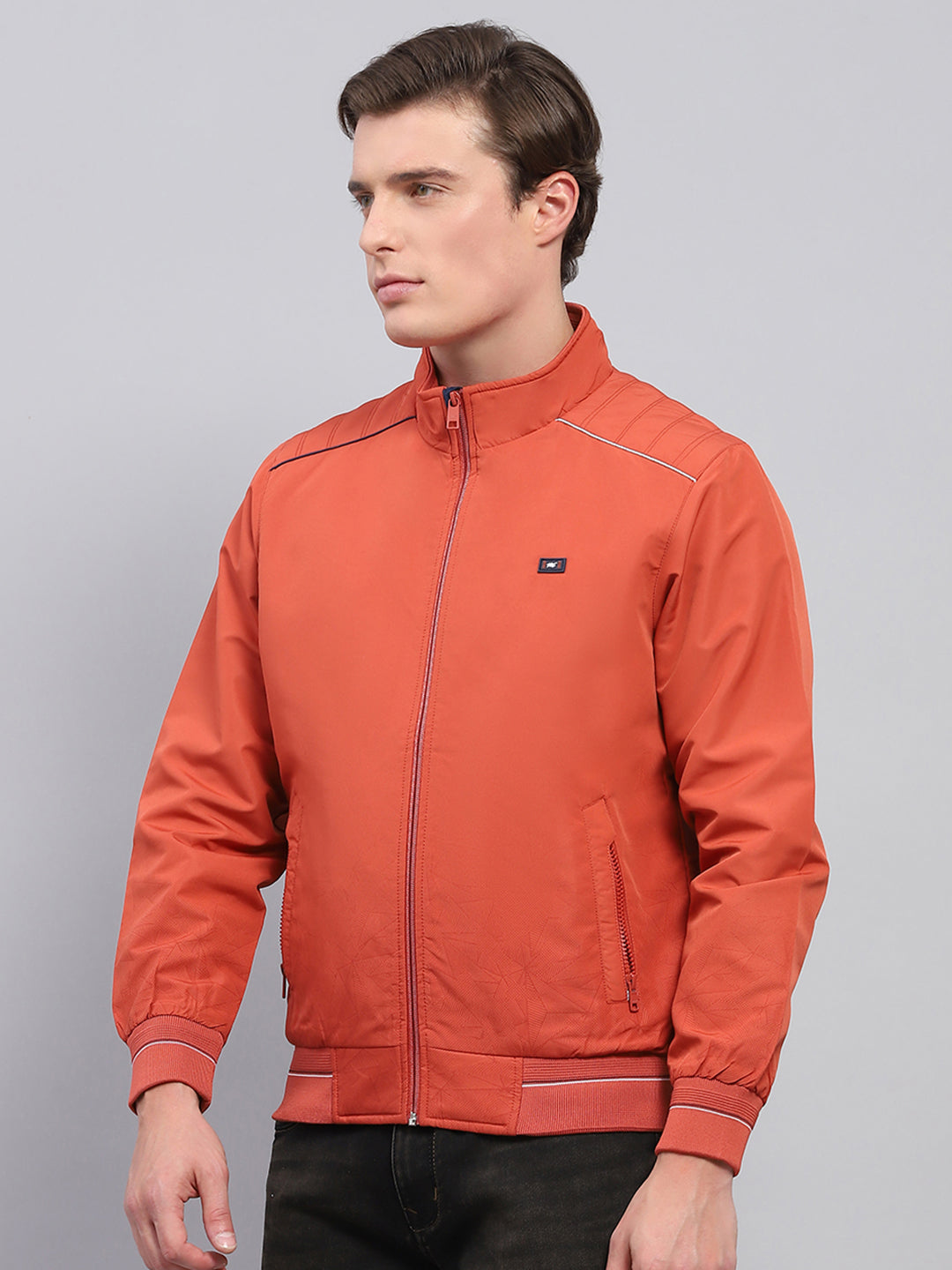 Men Rust Solid Mock Neck Full Sleeve Jacket