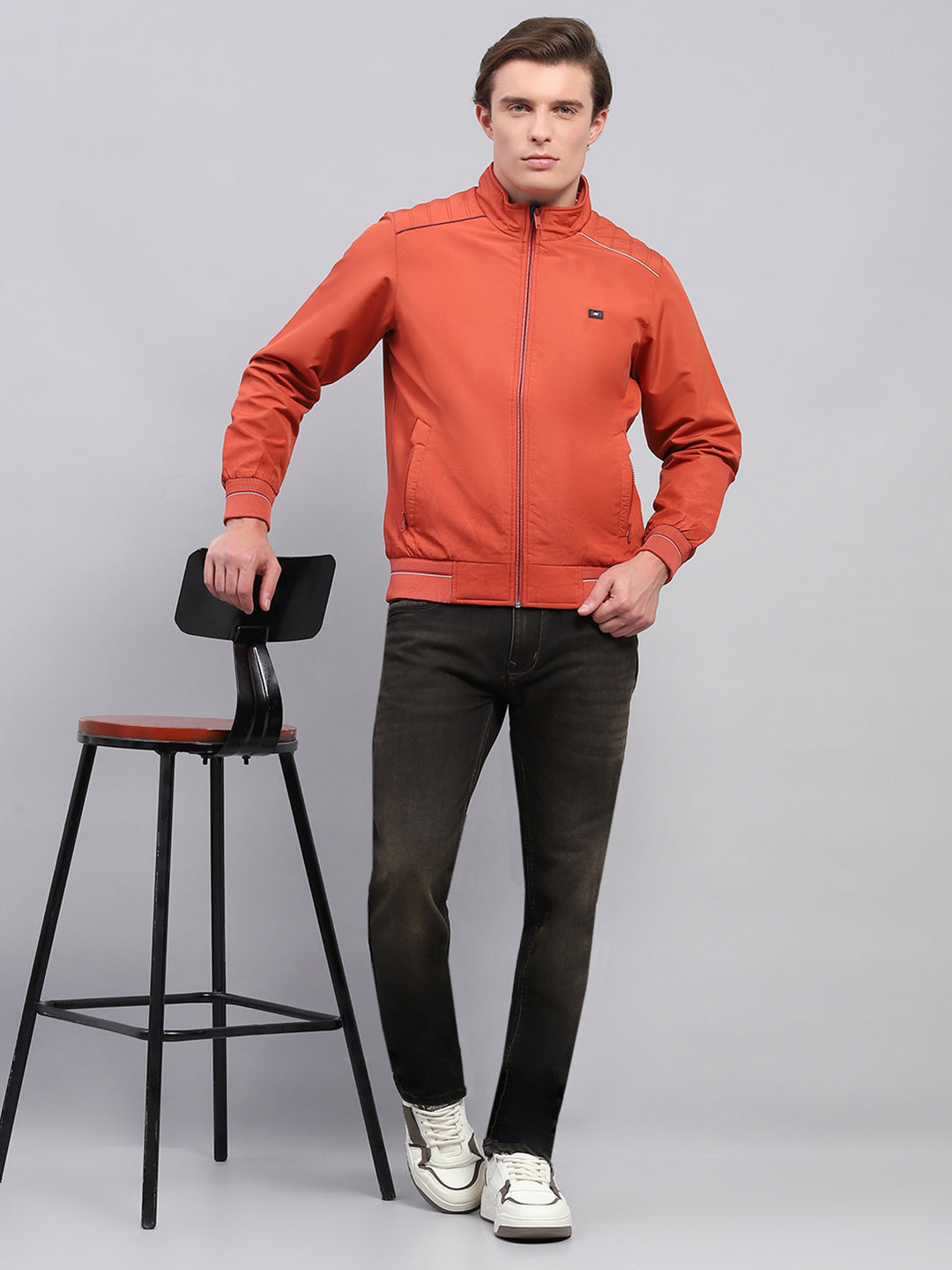 Men Rust Solid Mock Neck Full Sleeve Jacket