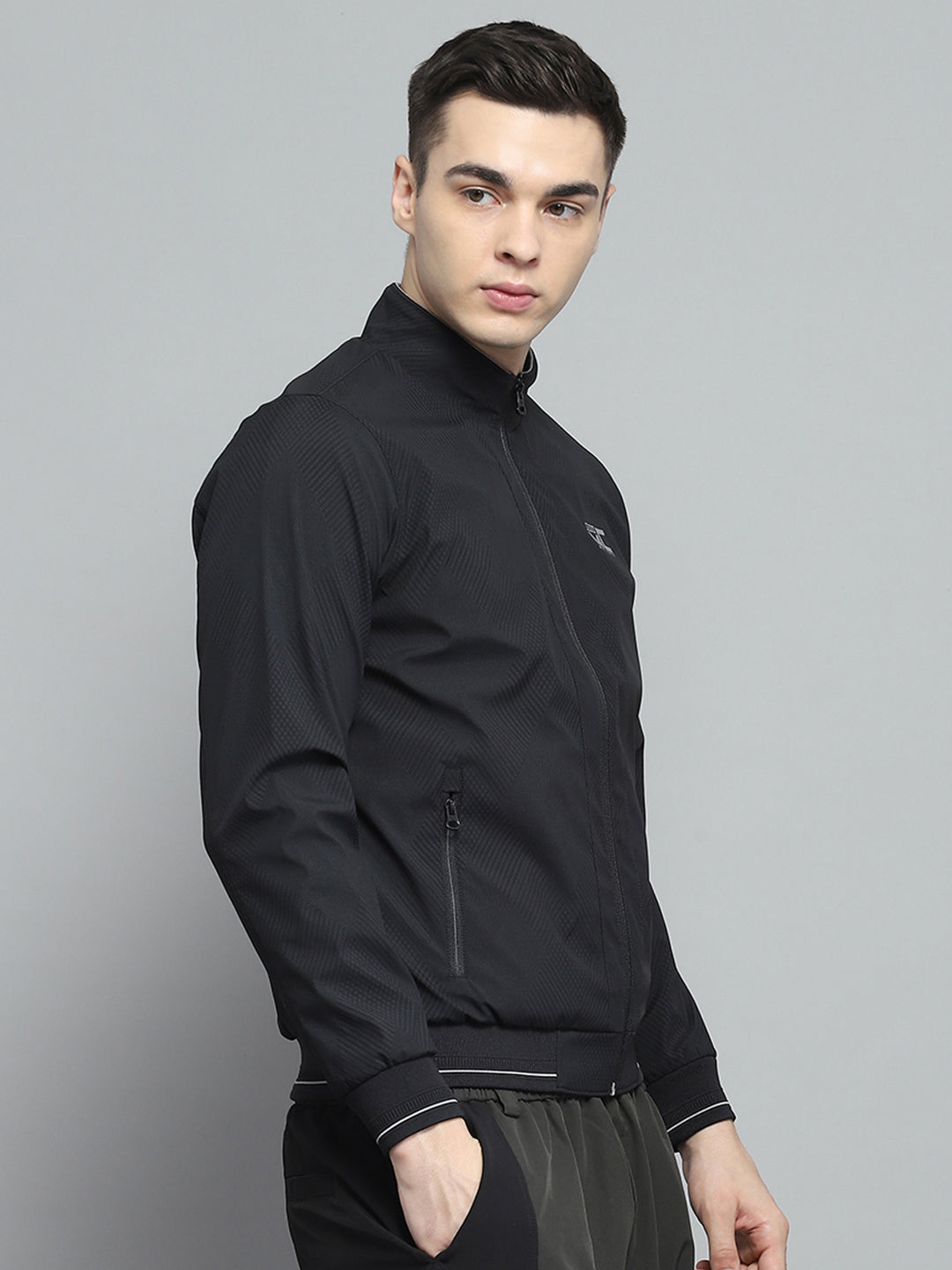 Men Black Solid Mock Neck Full Sleeve Jacket