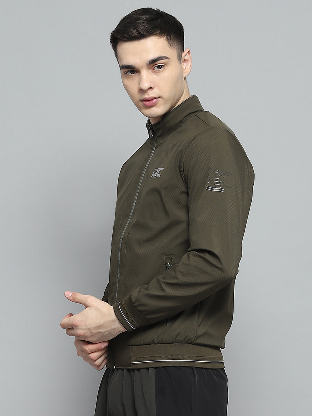 Men Olive Solid Mock Neck Full Sleeve Jacket