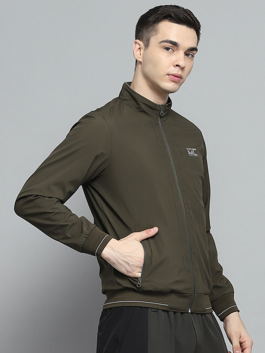 Men Olive Solid Mock Neck Full Sleeve Jacket