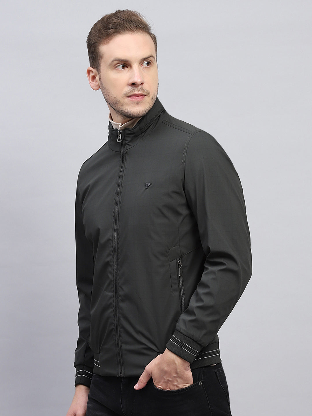 Men Olive Solid Mock Neck Full Sleeve Jacket