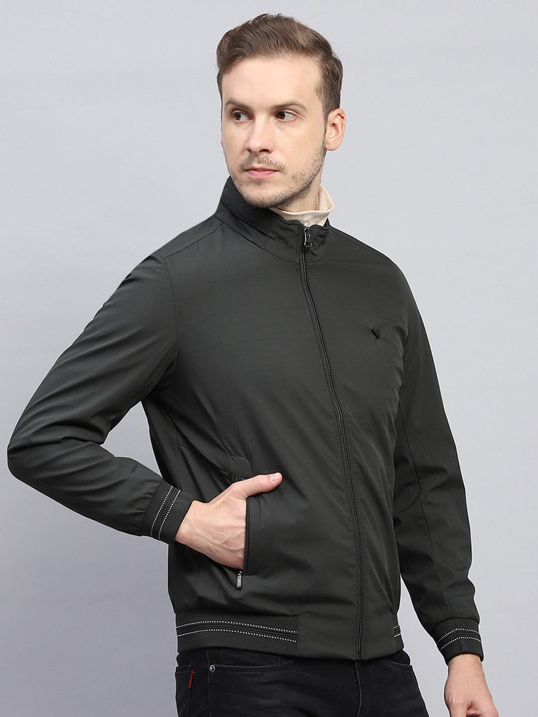 Men Olive Solid Mock Neck Full Sleeve Jacket