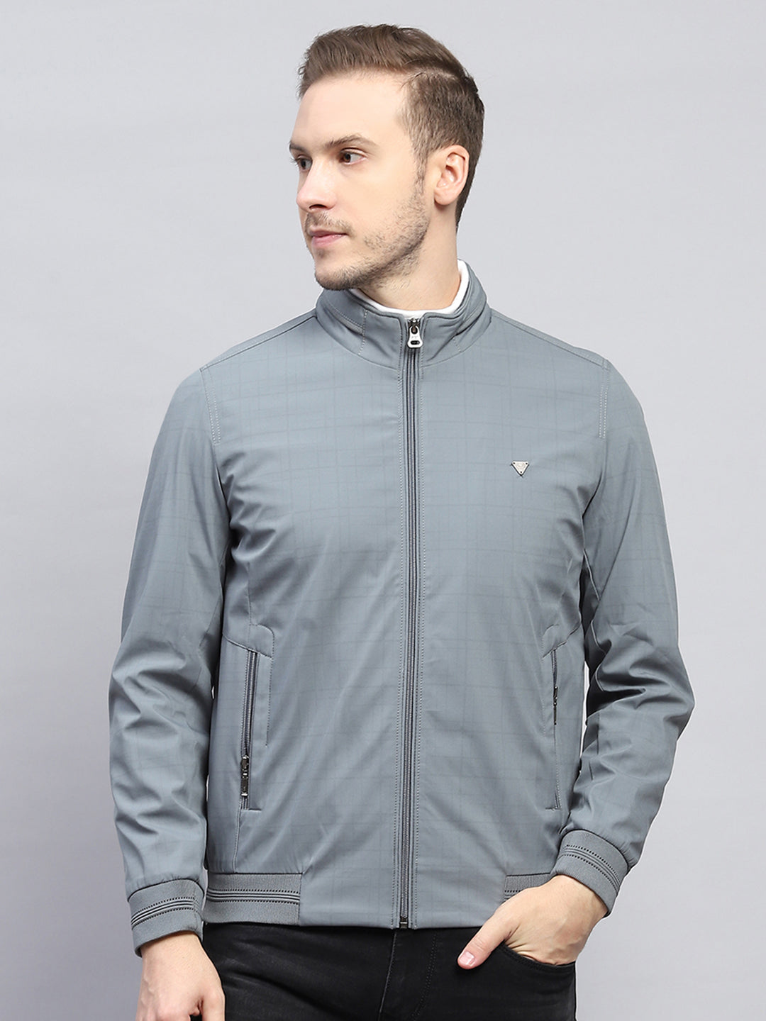 Men Grey Check Mock Neck Full Sleeve Jacket