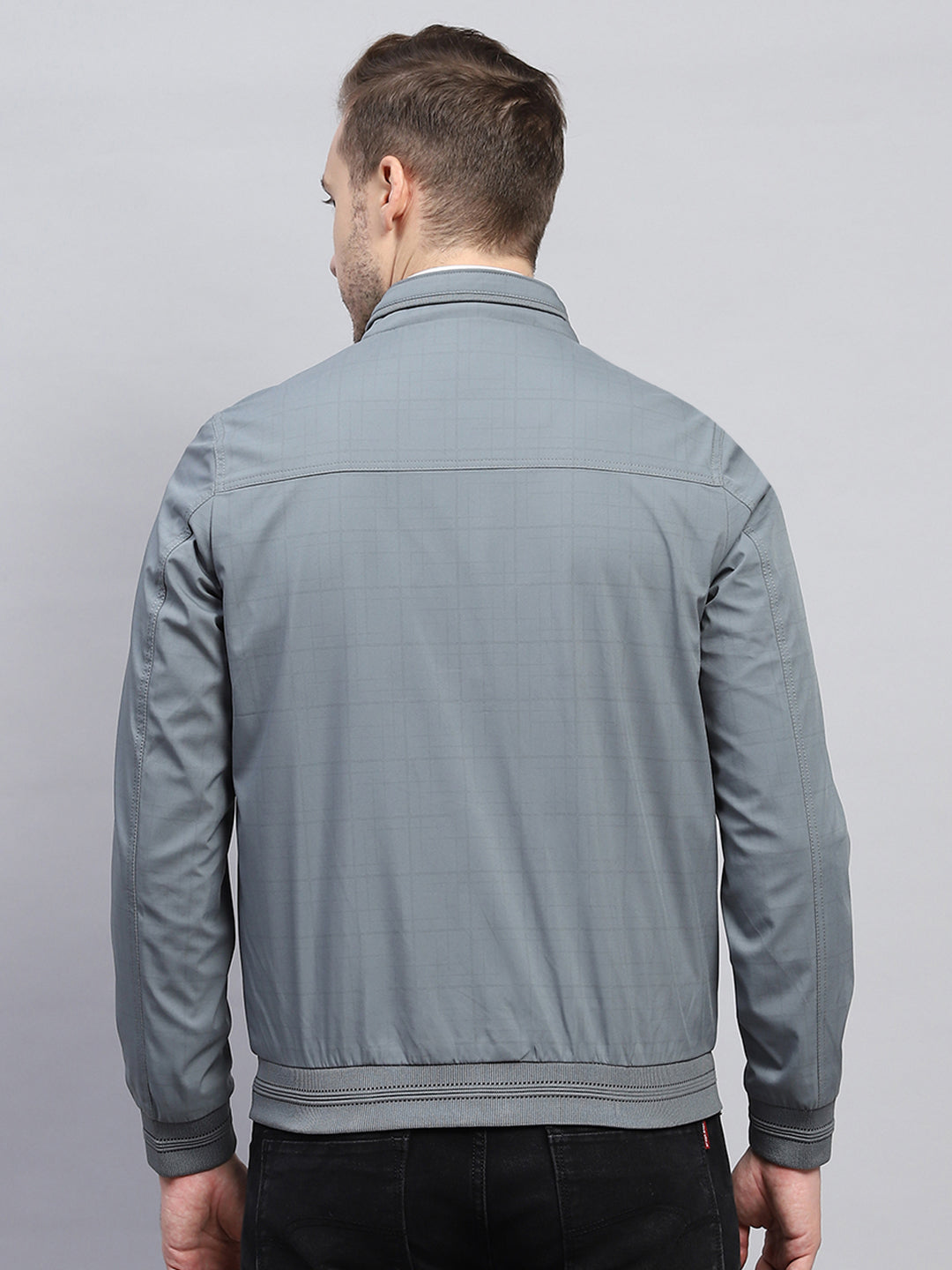 Men Grey Check Mock Neck Full Sleeve Jacket