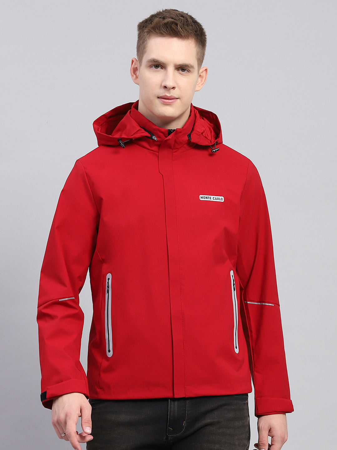 Men Red Solid Detachable Hood Full Sleeve Jacket