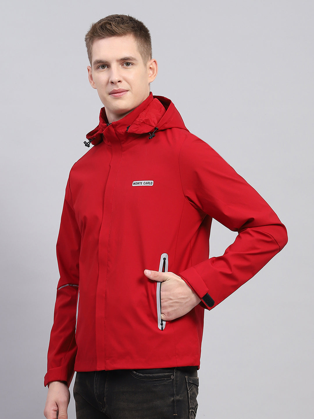 Men Red Solid Detachable Hood Full Sleeve Jacket