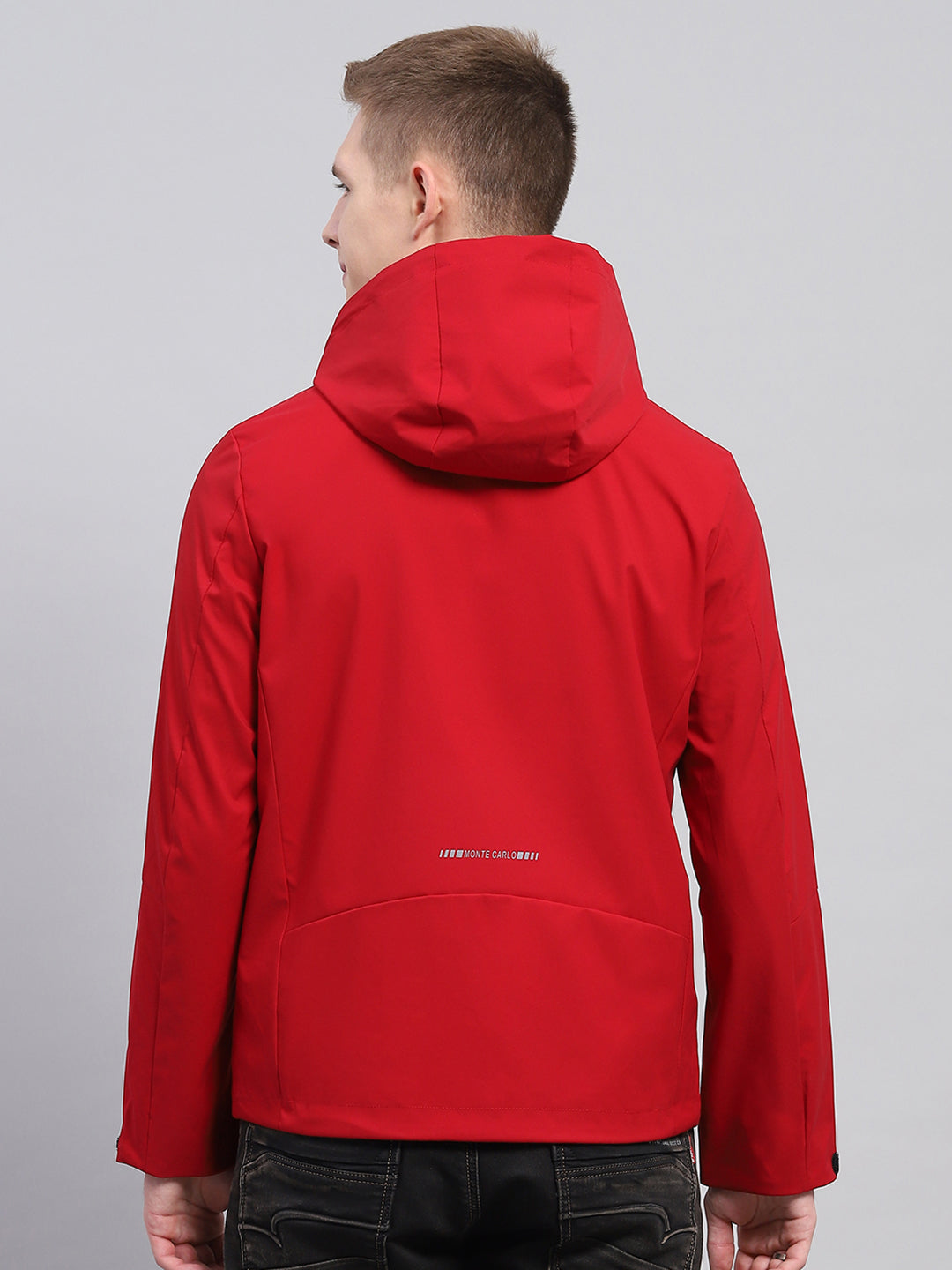 Men Red Solid Detachable Hood Full Sleeve Jacket