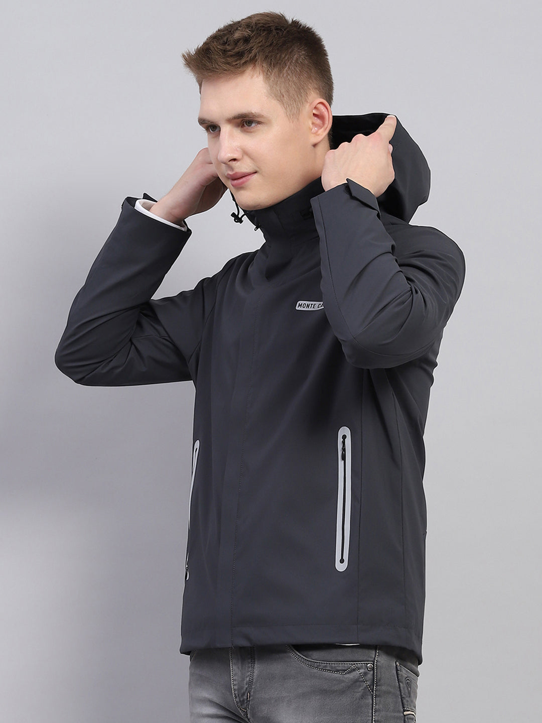 Men Grey Solid Detachable Hood Full Sleeve Jacket