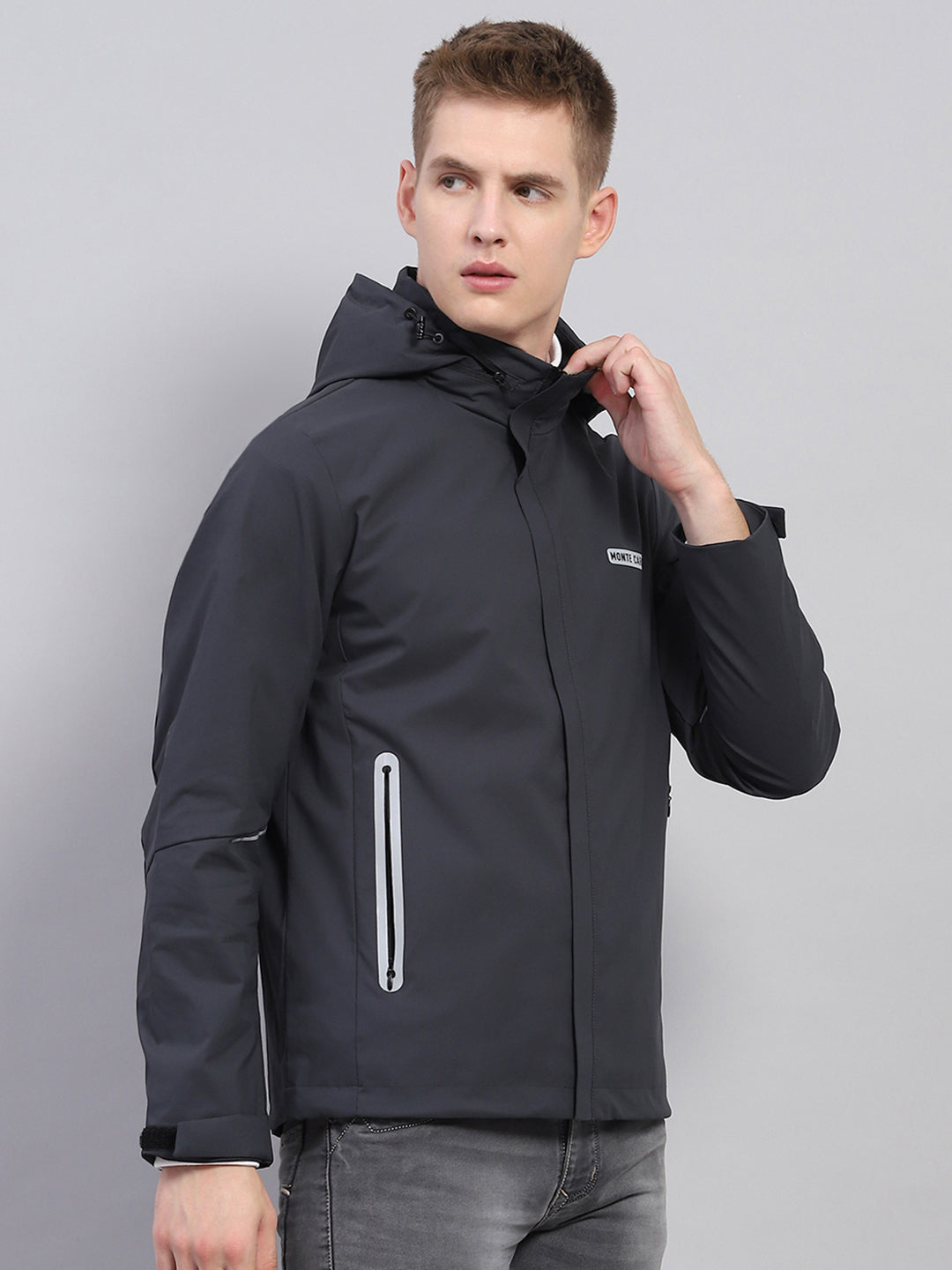 Men Grey Solid Detachable Hood Full Sleeve Jacket