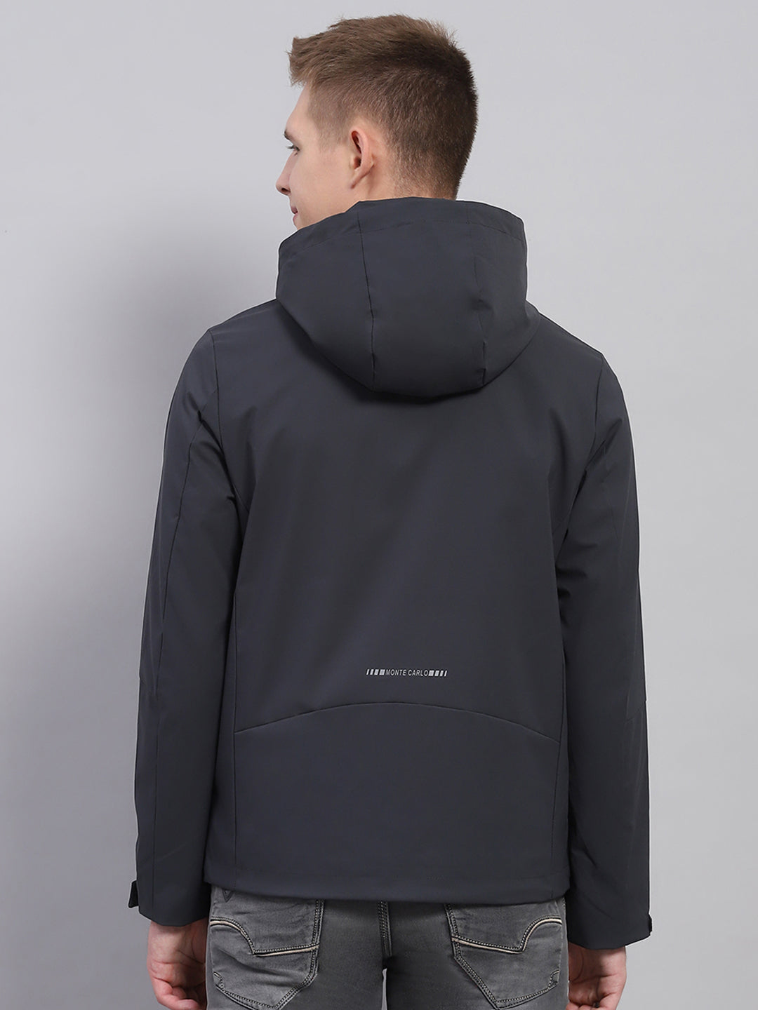 Men Grey Solid Detachable Hood Full Sleeve Jacket