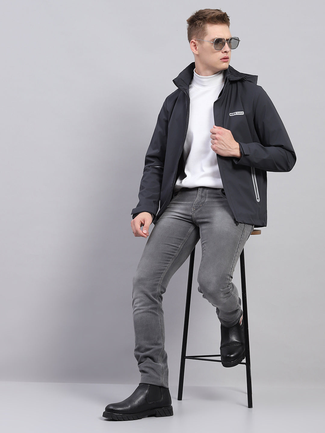 Men Grey Solid Detachable Hood Full Sleeve Jacket