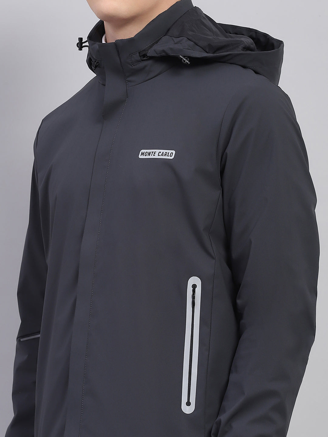 Men Grey Solid Detachable Hood Full Sleeve Jacket