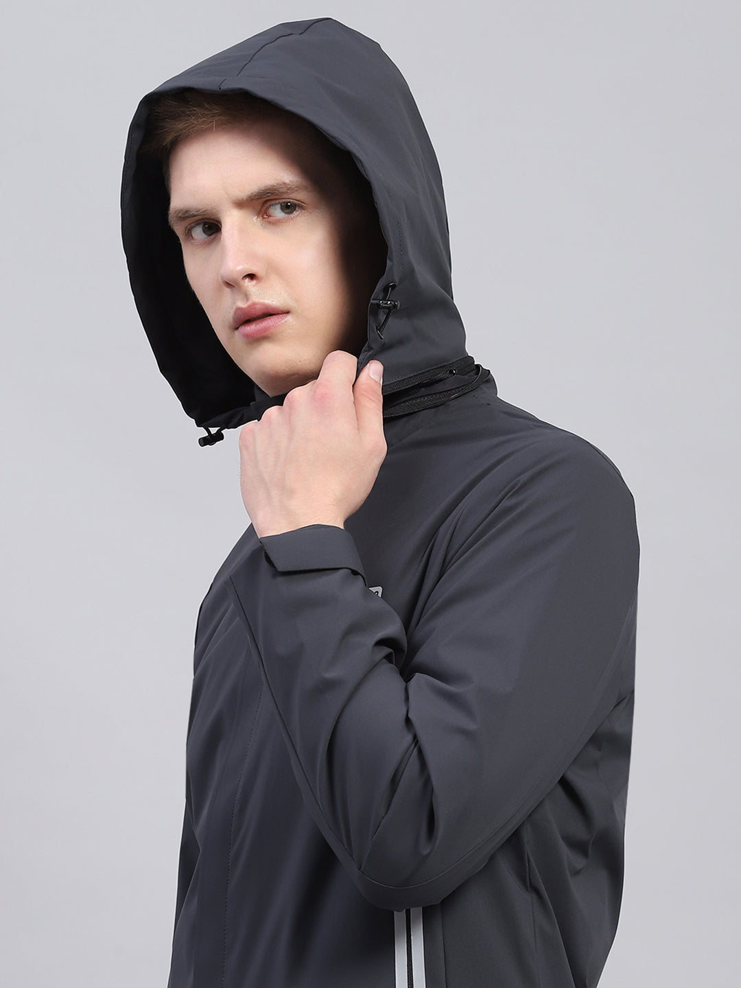 Men Grey Solid Detachable Hood Full Sleeve Jacket