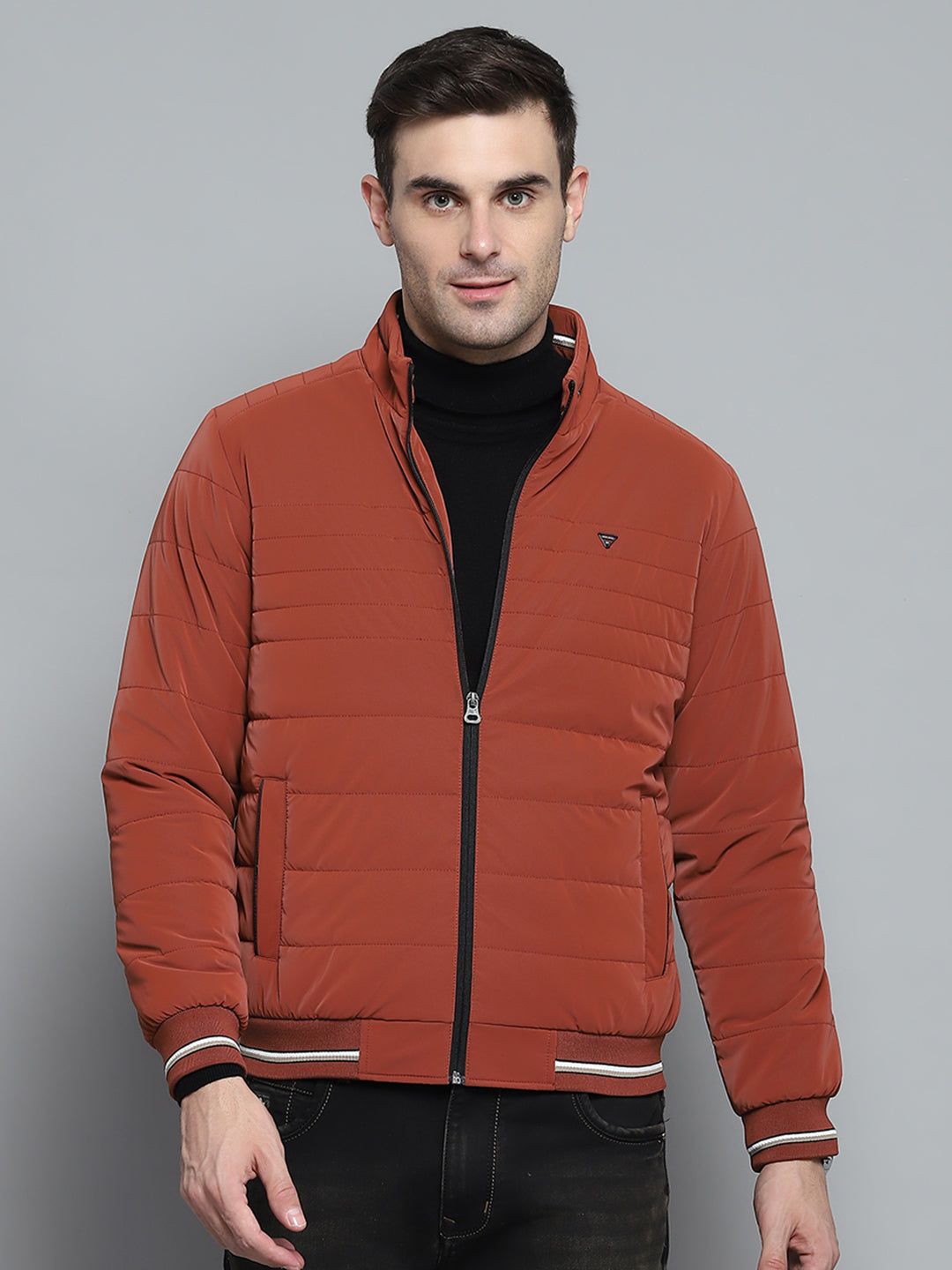 Men Red Solid Mock Neck Full Sleeve Jacket